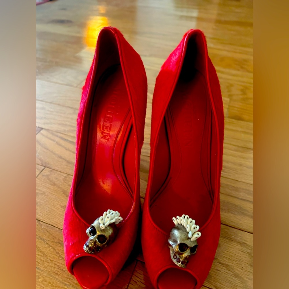 Alexander McQueen red, animal skin, peep toe heels with skeleton. Size 9.